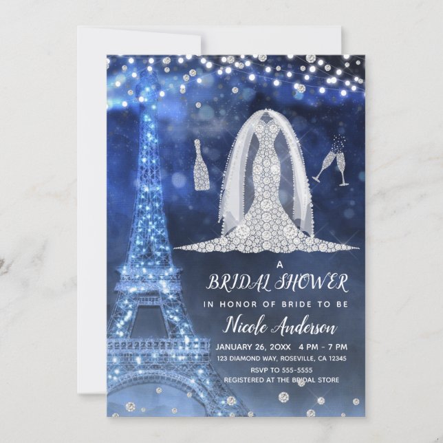 Paris Night Diamond Wedding Dress Bridal Shower Invitation (Front)