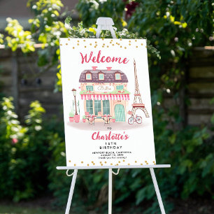 Paris Night Eiffel Bistro Pink Green Party Welcome Poster