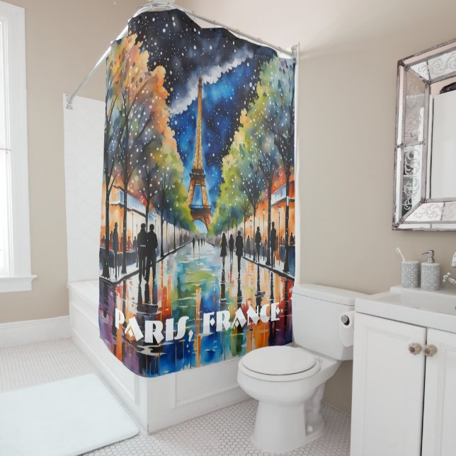 Paris Nightscape, Eiffel Tower, Stars, Reflections Shower Curtain (In Situ)