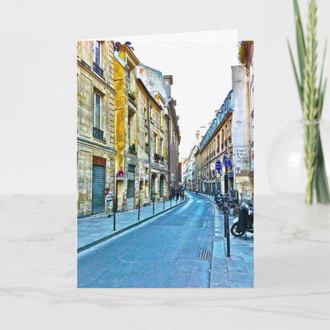 Paris note card featuring Le Marais. (Front)