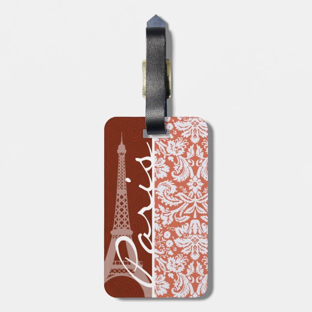 Paris; Orange Damask Luggage Tag (Back Vertical)