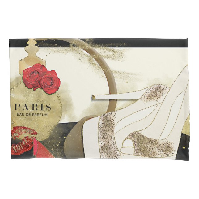 Paris Parfum Perfume Roses Heels & Lipstick Pillow Case (Front)
