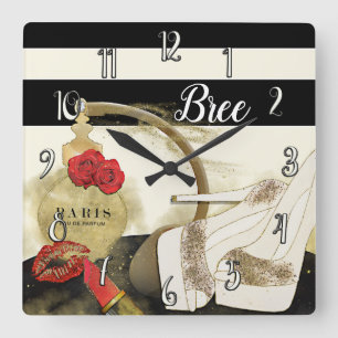 Paris Parfum Perfume Roses Heels & Lipstick Square Wall Clock