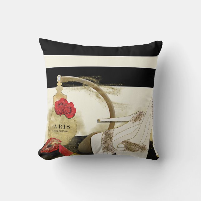 Paris Parfum Perfume Roses Heels & Lipstick Throw Pillow (Front)