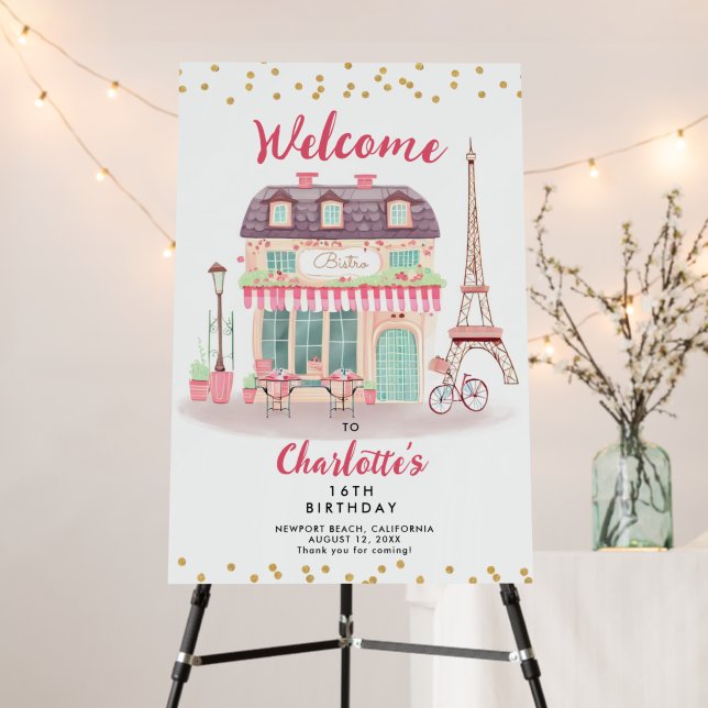 Paris Party Eiffel Tower Bistro Pink Welcome Sign  (In Situ (Stand))