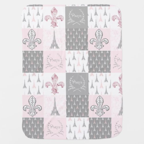 Paris Patchwork Eiffel Tower Pink Gray Baby Baby Blanket