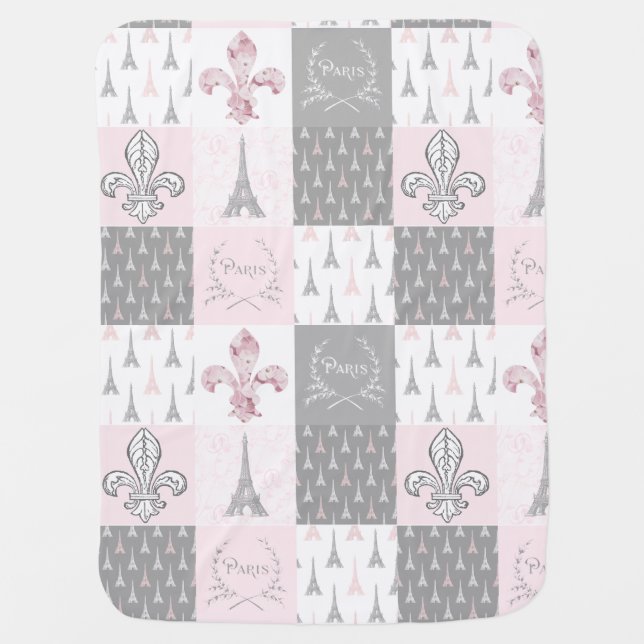 Paris Patchwork Eiffel Tower Pink Gray Baby Blanket (Front)