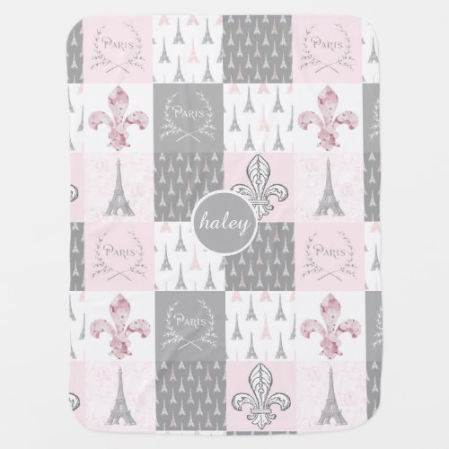 Paris Patchwork Pink Gray Personalized Baby Blanke Baby Blanket