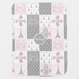 Paris Patchwork Pink Gray Personalized Baby Blanke Blanket