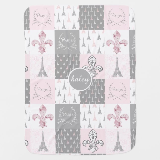 Paris Patchwork Pink Gray Personalized Baby Blanke Blanket (Front)