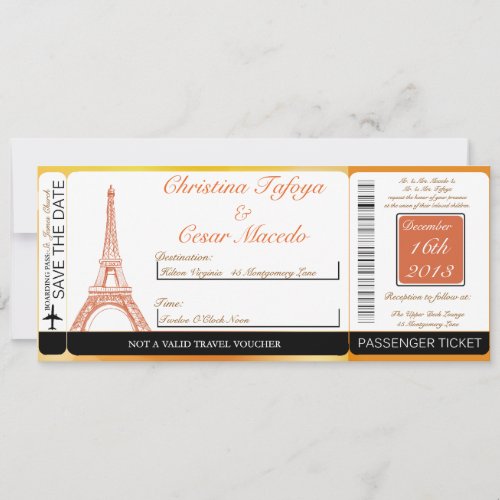 Paris Peach Boarding Pass Wedding Invitation