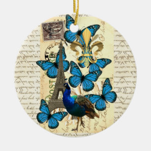 Paris, peacock and butterflies ceramic ornament