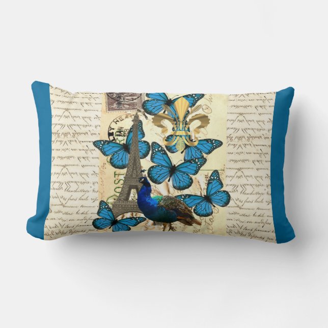 Paris, peacock and butterflies lumbar pillow (Front)