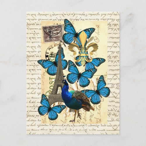 Paris peacock and butterflies postcard