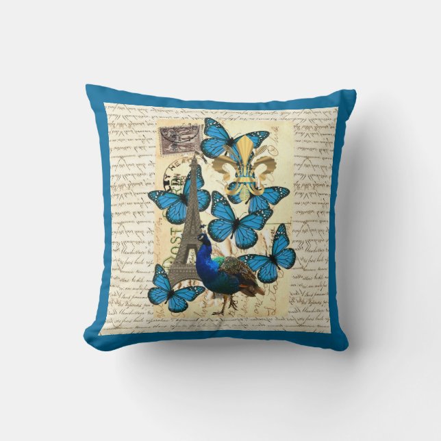Paris, peacock and butterflies throw pillow (Front)