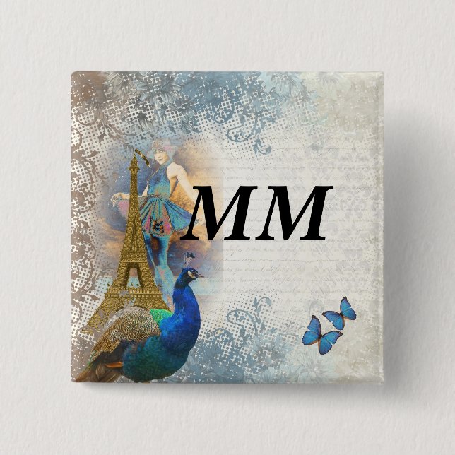 Paris peacock collage button (Front)