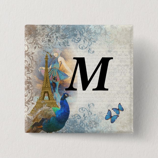 Paris peacock collage pinback button (Front)