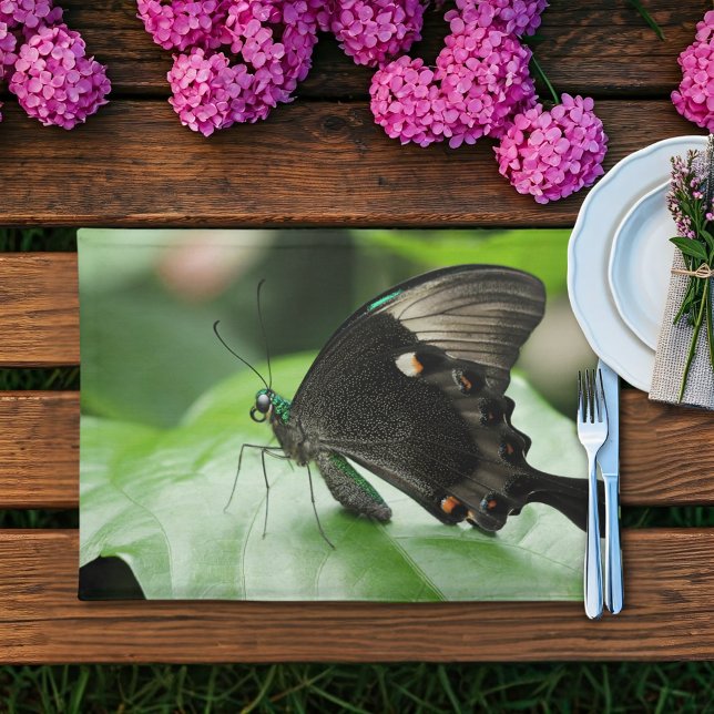 Paris Peacock Swallowtail Butterfly on Leaf Cloth Placemat (Bring the outdoors in with this beautiful butterfly cloth placemat featuring original photography.)