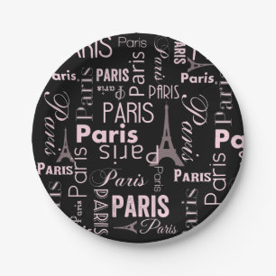 Paris pink, and black paris print paper plates