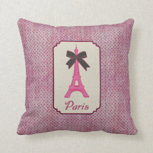 Paris Pink and Black Polka Dot Eiffel Tower & Bow Throw Pillow