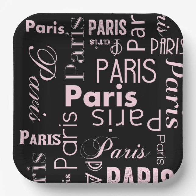 Paris pink, & black paris theme paper plates (Front)
