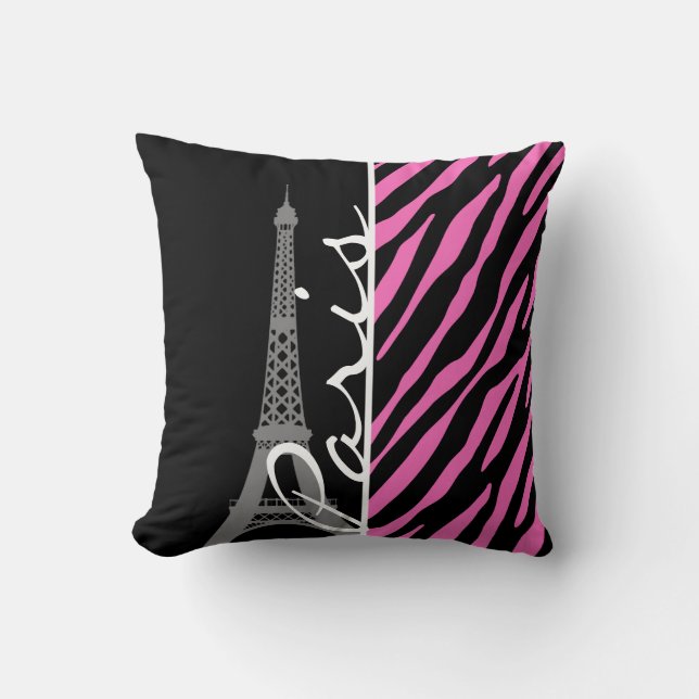 Paris; Pink & Black Zebra Print Throw Pillow (Front)