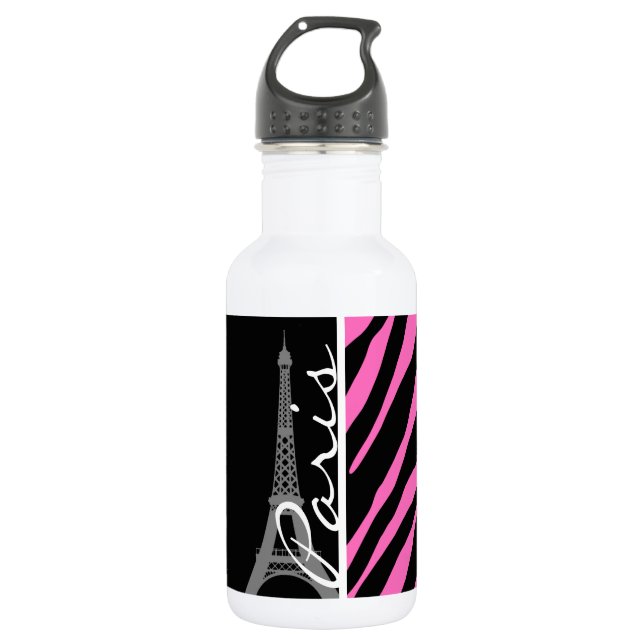 Paris; Pink & Black Zebra Print Water Bottle (Front)