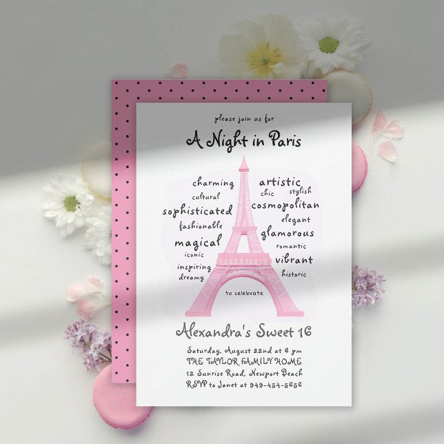 Paris Pink Eiffel Tower Word Cloud Chic Sweet 16 Invitation (night in paris sweet 16 party theme invitation word cloud typography calligraphy pink white black )