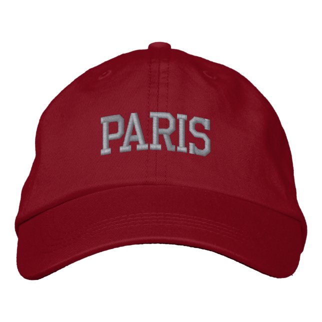 PARIS Pink Embroidery on Red Embroidered Baseball Cap (Front)