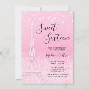 Paris Pink Glitter Lights Sweet 16 Invitation