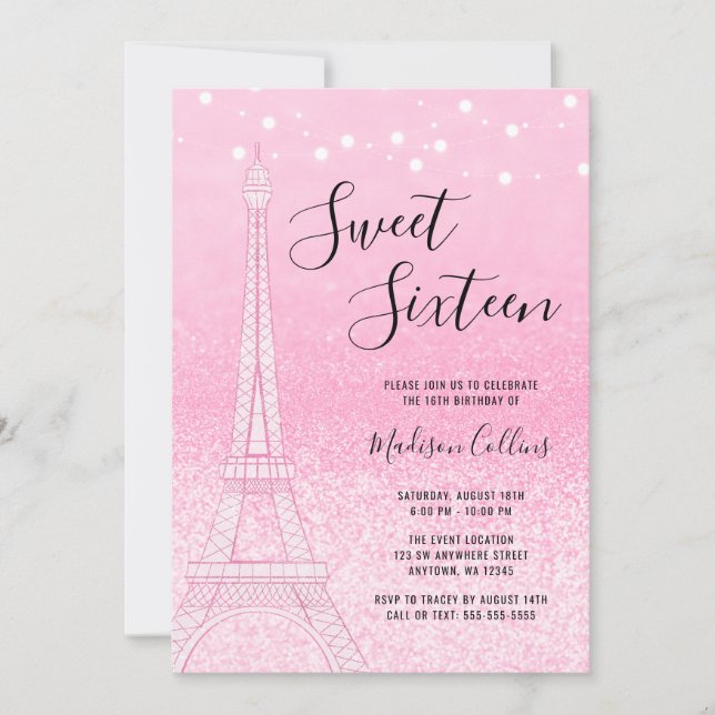 Paris Pink Glitter Lights Sweet 16 Invitation (Front)