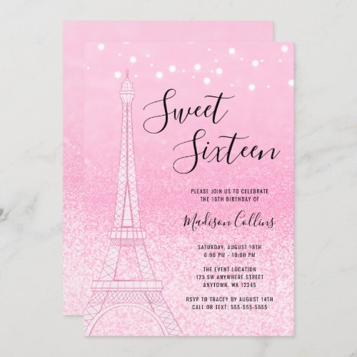 Paris Pink Glitter Lights Sweet 16 Invitation