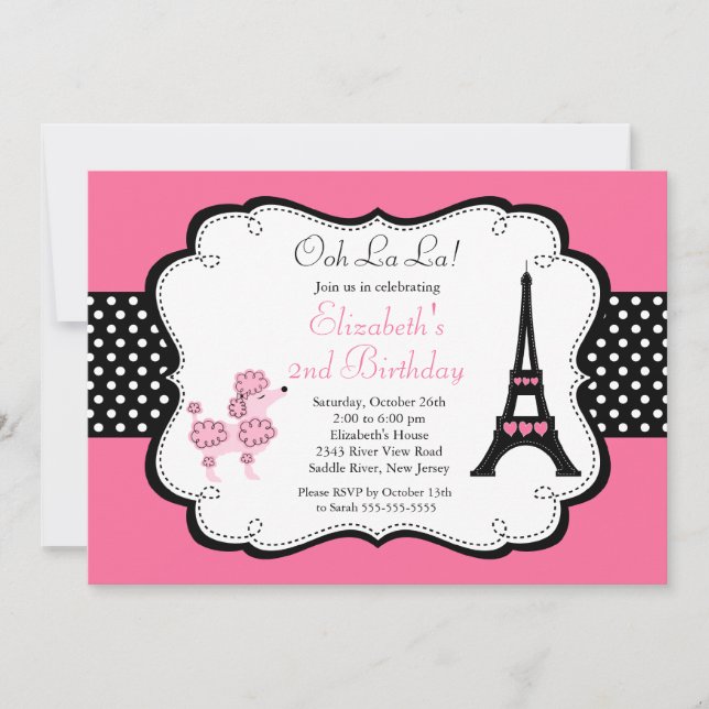 Paris Pink Poodle Birthday Party Invitations (Front)