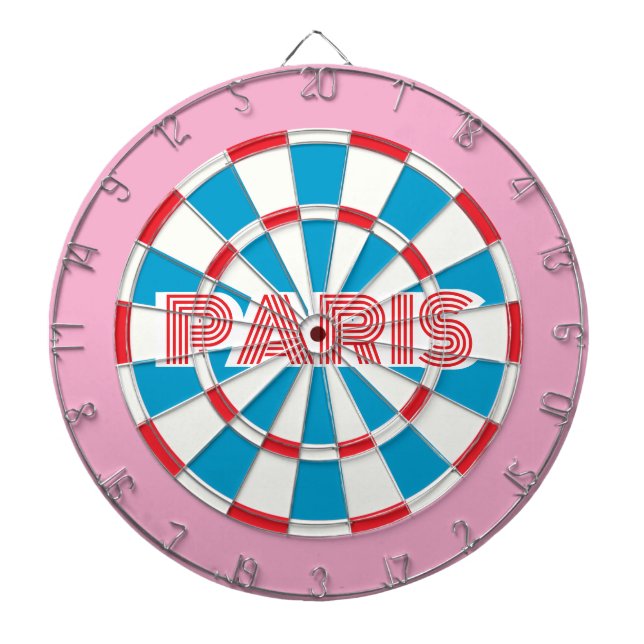 PARIS Pink Red White and Blue editable text Retro Dart Board (Front)