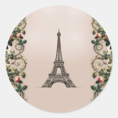 Paris Pink Rose Vines Eiffel Tower Elegant Classic Round Sticker