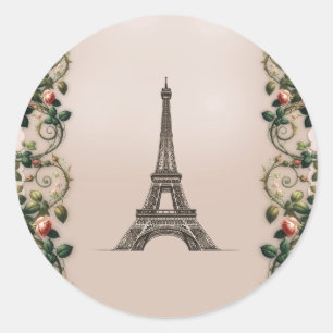 Paris Pink Rose Vines Eiffel Tower Elegant Classic Round Sticker