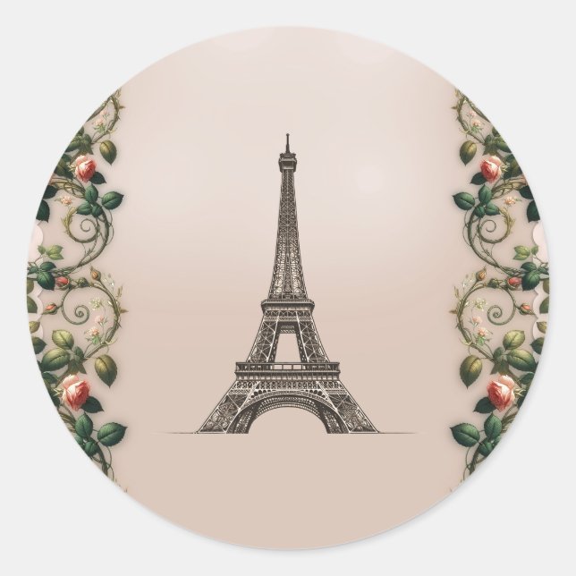 Paris Pink Rose Vines Eiffel Tower Elegant Classic Round Sticker (Front)