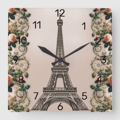 Paris Pink Rose Vines Eiffel Tower Shabby Chic Square Wall Clock