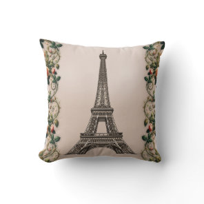 Paris Pink Rose Vines Eiffel Tower Shabby Chic Throw Pillow