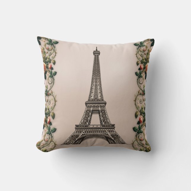 Paris Pink Rose Vines Eiffel Tower Shabby Chic Throw Pillow (Front)