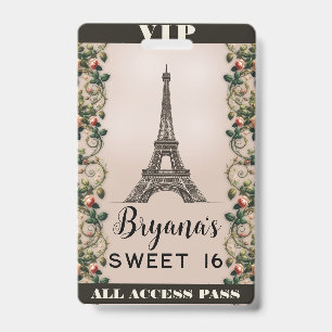 Paris Pink Rose Vines Eiffel Tower VIP Pass Badge