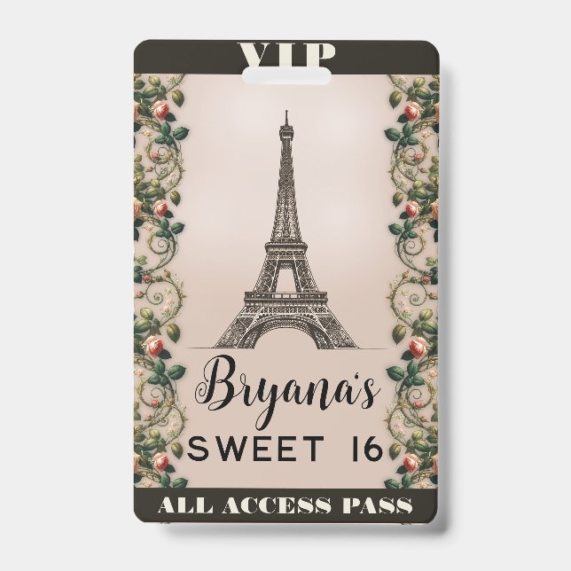 Paris Pink Rose Vines Eiffel Tower VIP Pass Badge (Front)