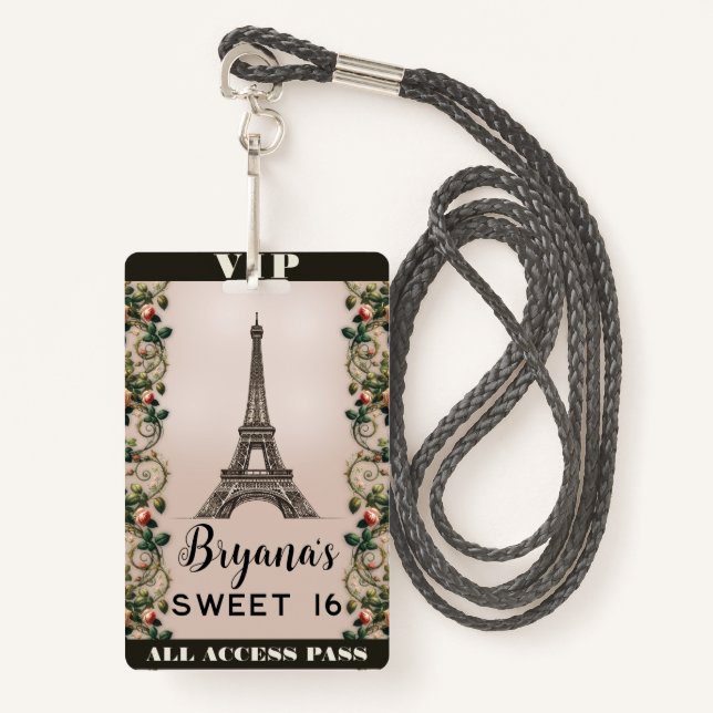 Paris Pink Rose Vines Eiffel Tower VIP Pass Badge (Front with Lanyard)