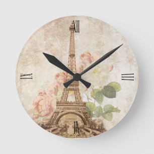 Paris Pink Rose Vintage Romantic Clock