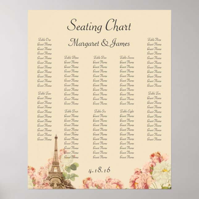 Paris Pink Rose Vintage Romantic Seating Chart (Front)