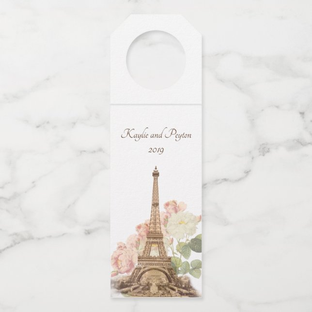 Paris Pink Rose Vintage Romantic Wedding Wine Tag (Front)