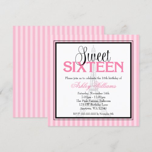 Paris Pink Stripes Sweet 16 Birthday Invitations