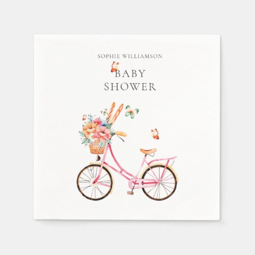 Paris Pink Vintage Bicycle Watercolor  Baby Shower Napkins