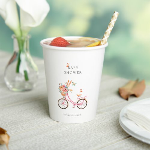 Paris Pink Vintage Bicycle Watercolor  Baby Shower Paper Cups