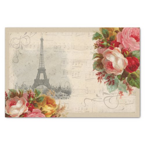 Paris Pink Yellow Roses Vintage Music Tissue Paper
